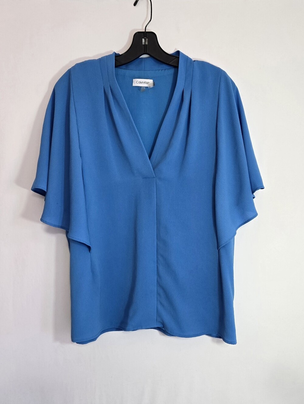 Calvin Klein Blue Flutter Sleeve Blouse Women’s Large Draped Career Office Top - Picture 2 of 11